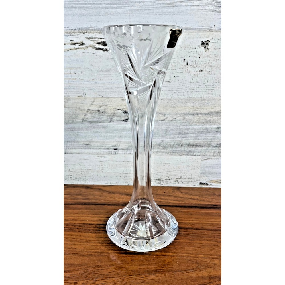 Vintage Bohemian Glass Trumpet Vase Art Glass Lead Crystal Starburst 10"